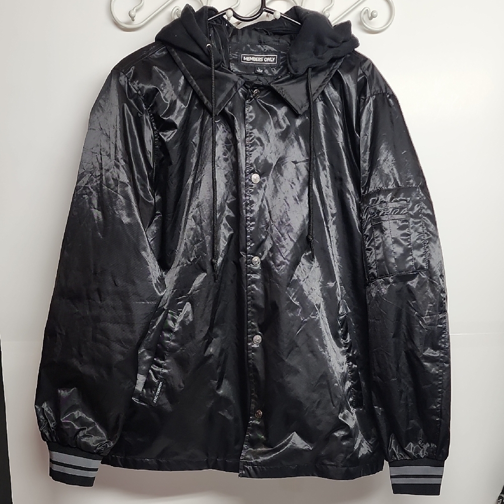 Members Only Vintage Black SzL Detachable Hood Snap Front Bomber Cool Jacket